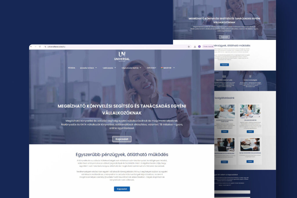 Homepage hero of a Hungarian accounting site: smiling agent on the phone with a blue overlay and a bold white headline about reliable bookkeeping help; includes a Kapcsolat button.
