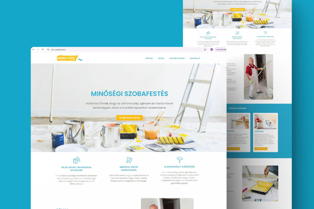 Hero section of a painting and renovation website with paint cans, brushes, and a ladder on a white background and blue branding.