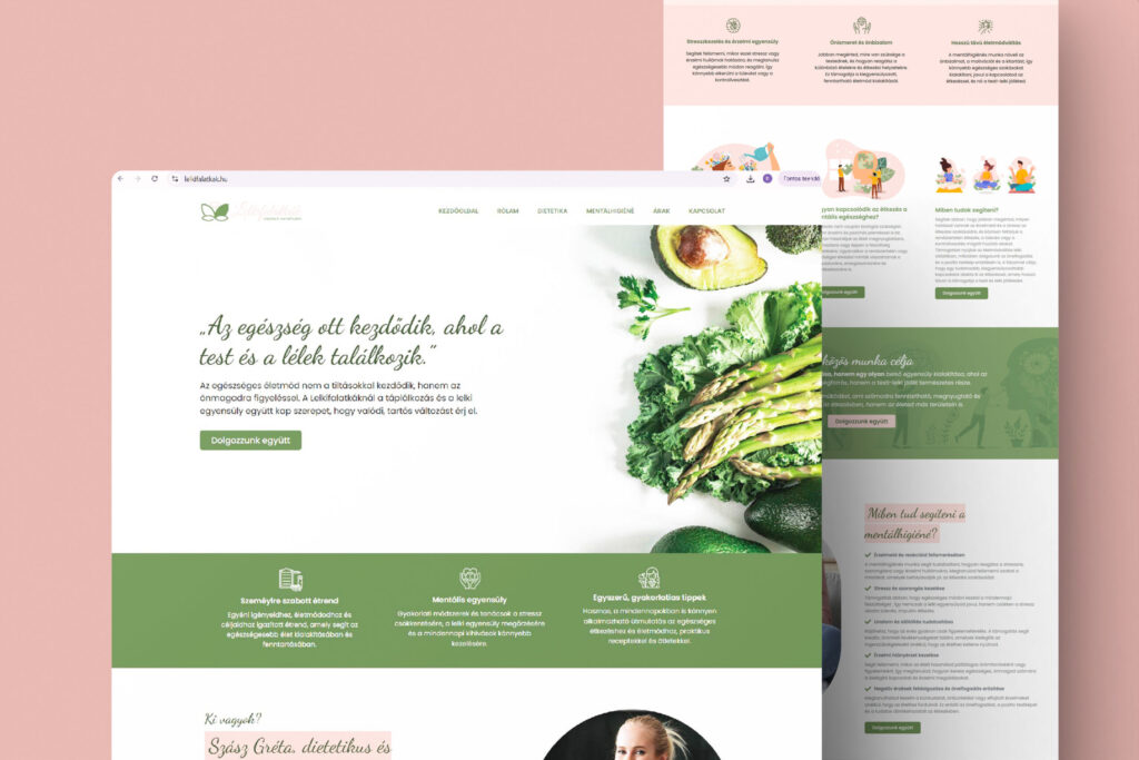 Screenshot of a Hungarian health website homepage with a green navigation bar and a hero image of avocado and greens on the right