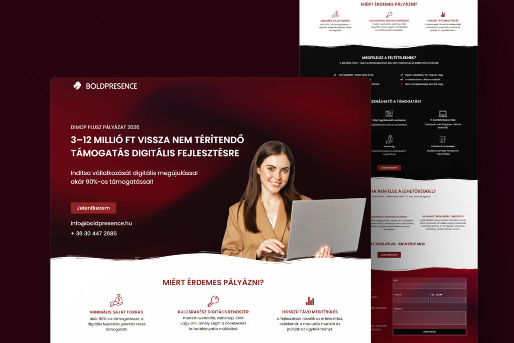 BoldPresence hero banner: a smiling woman with a laptop on a red gradient background and bold Hungarian text promoting digital development grants.