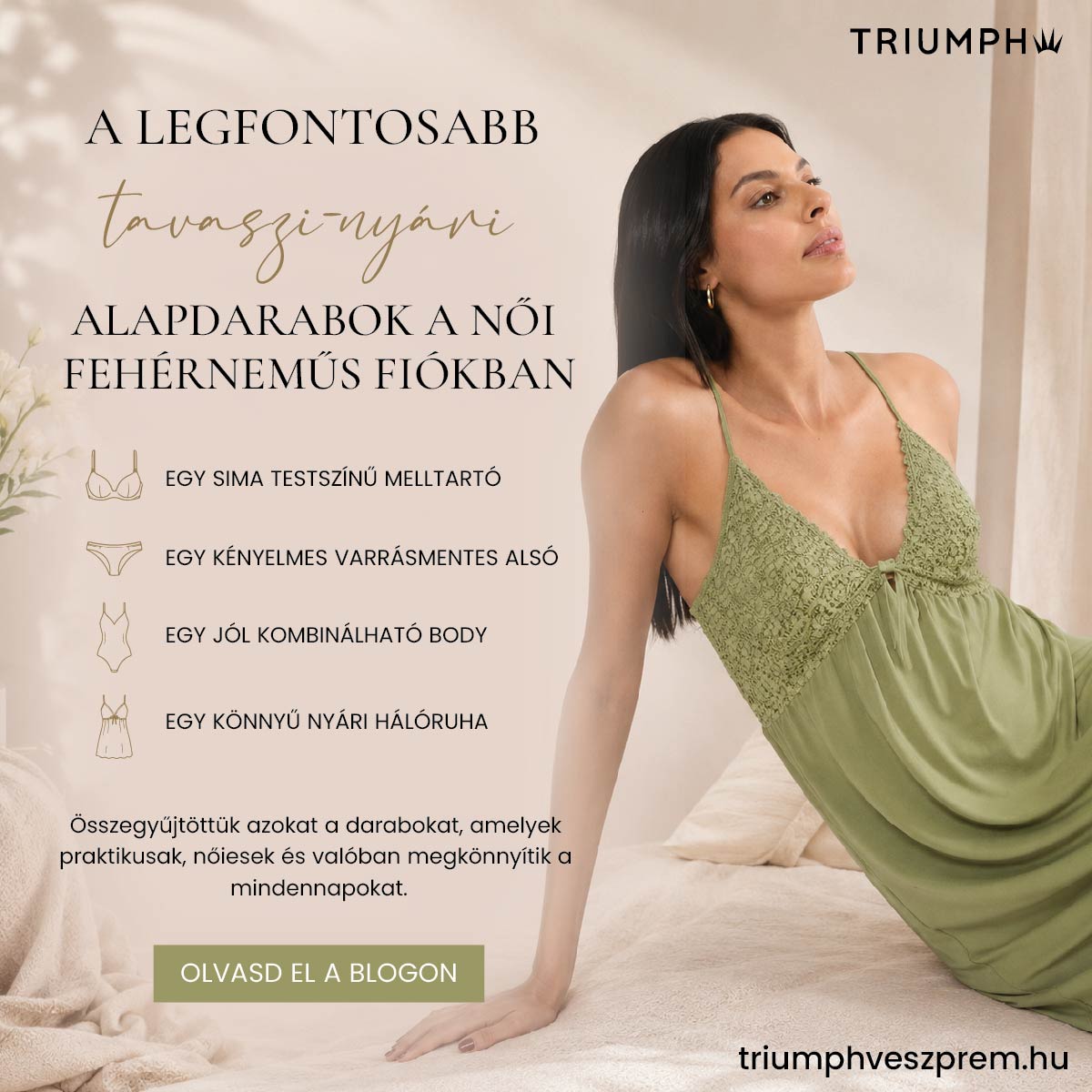 Promotional banner showing a woman in an olive-green lace nightgown advertising basic sleepwear with a blog CTA.