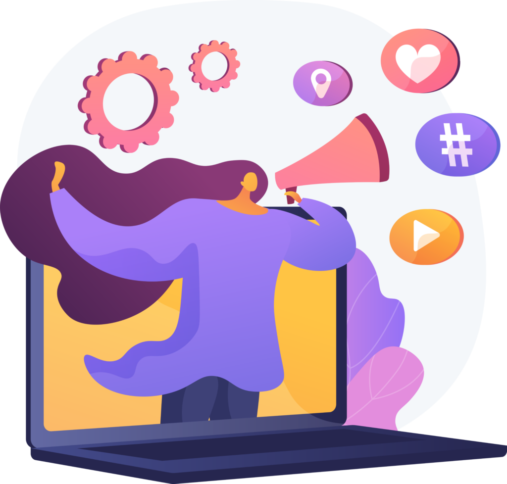 Abstract illustration of a person with long purple hair and yellow clothing reaching toward floating social icons (heart, location pin, hashtag, play).